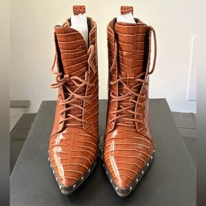 Charles David Cognac Croc-Embossed Lace Up Boots size 8